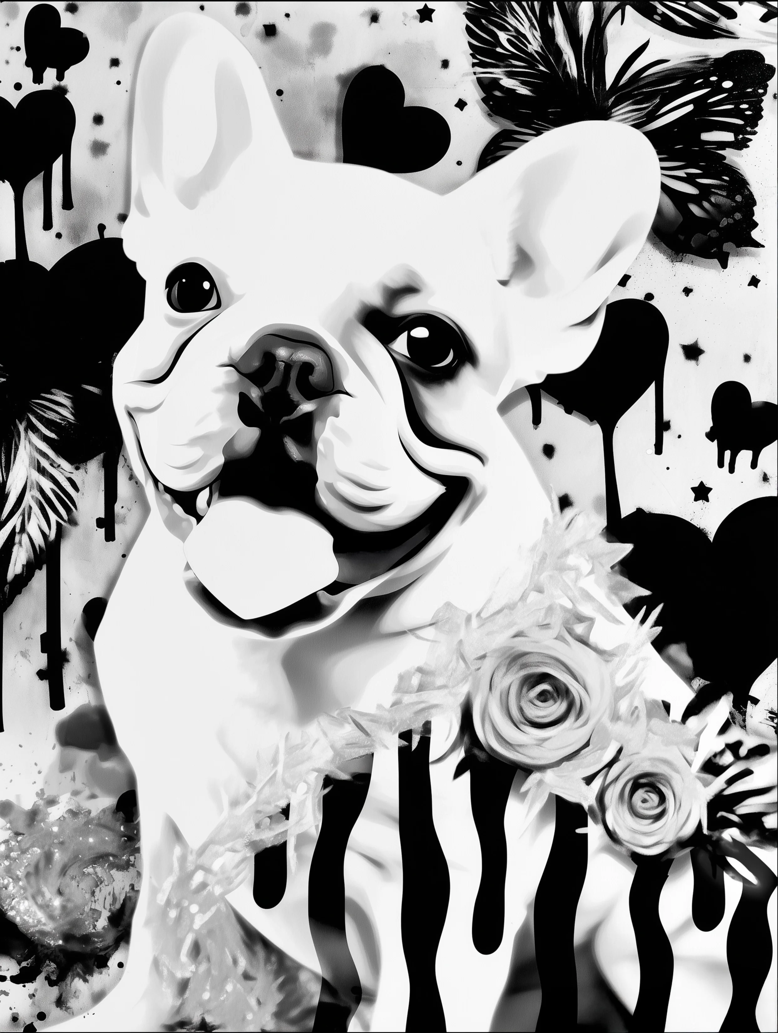 Free printable dog coloring page for adults featuring bulldog with black drips